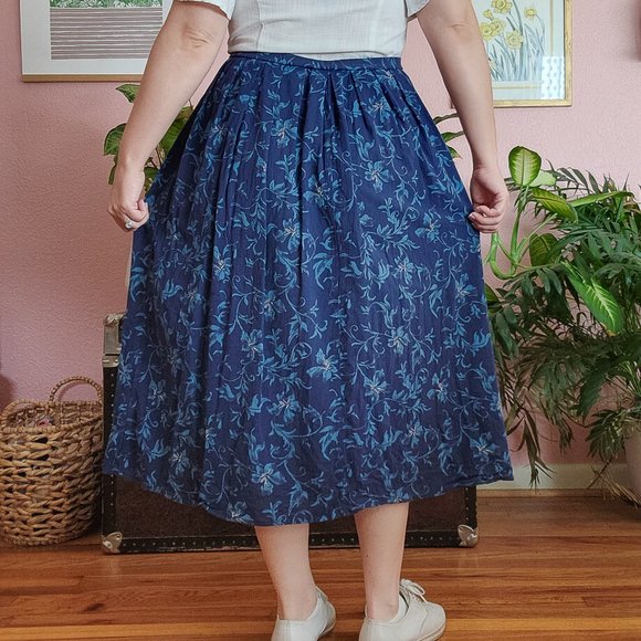 Lizsport Vintage Blue Tropical Floral Print Button Down Midi Skirt Size PM - Picture 4 of 16